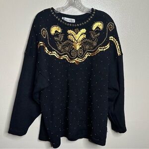 vintage 1990's black gold sequin beaded knit long sweater Size 3X